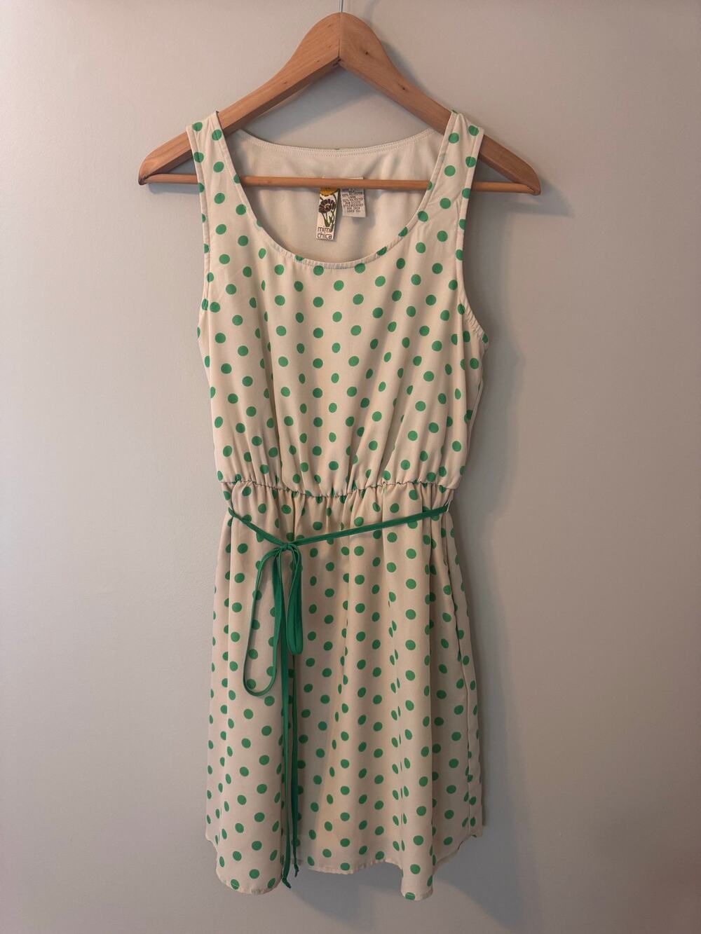 Mimi Chica Polka Dot Sleeveless Dress Small White Green Tie Waist Fit Flare